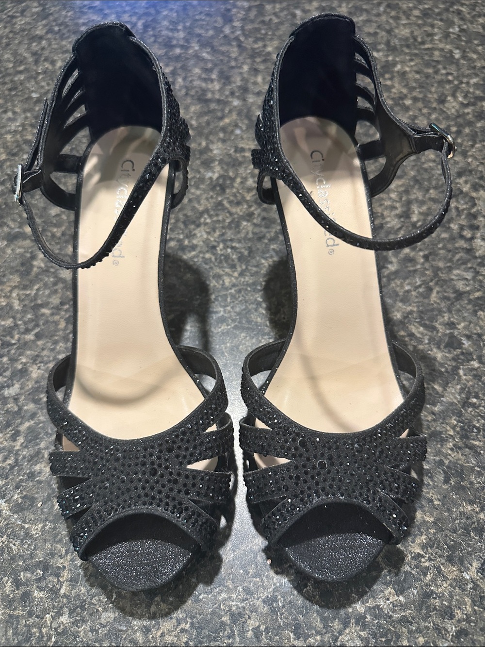 Cityclassified Black Rhinestone Ankle-Strap Heels